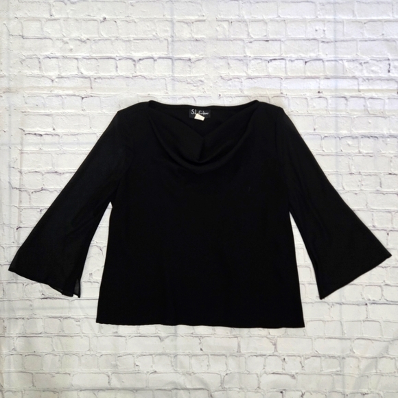 S.L. Fashions Tops - S.L. fashions Women's Black Scoop Blouse Chiffon sleeves and shoulder pads